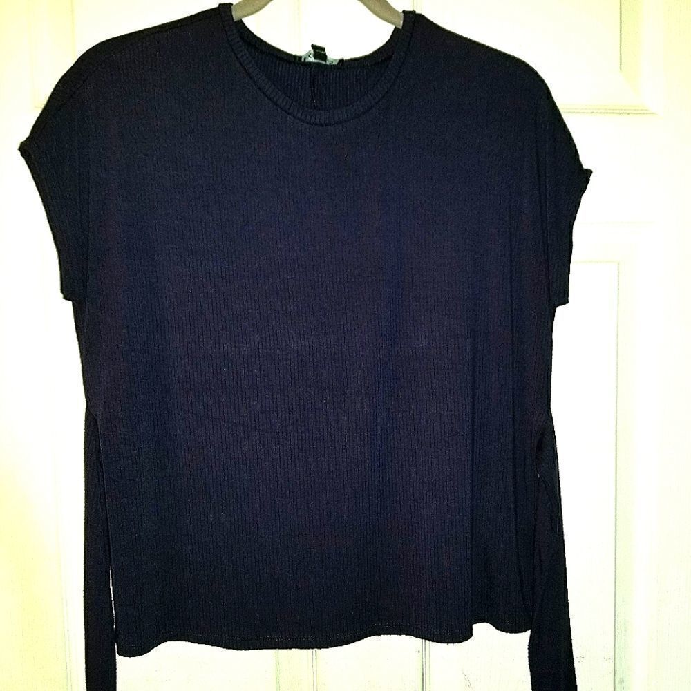 Express Navy Blue Ribbed Tie Front Tee Top XS - Picture 2 of 7